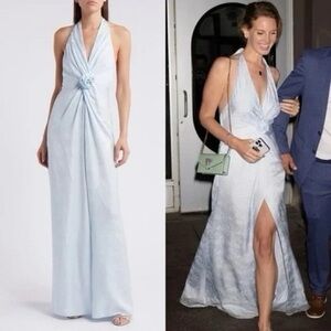NEW LoveShackFancy Lowry Dress Gown Silk Halter Bow Blue Slit Size 12 NWT